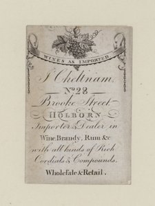 Mercaderes de vino, J Cheltnam, tarjeta comercial de English School