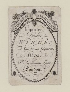 Mercaderes de vino, Joseph Allicocke, tarjeta comercial de English School