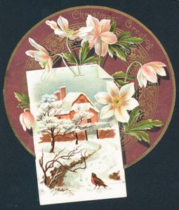 Escena de invierno con cabaña y petirrojo