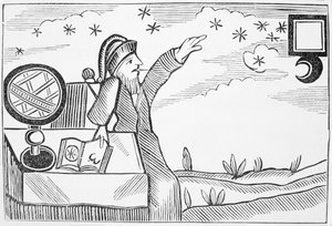 Mago Consultando la Luna y las Estrellas, ilustración de una colección de folletos sobre esoterismo de English School