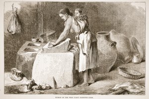 Mujer de la Costa Oeste moliendo maíz, ilustración de The Pictorial Edition of the Life and Discoveries of David Livingstone por J. Ewing Richie, pub. por A. Fullarton & Co., 1876