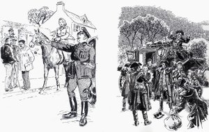 Mujer a caballo con oficial y salteadores de caminos de English School