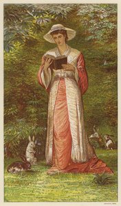 Mujer leyendo un libro en un jardín con conejos (litografia en color) de English School