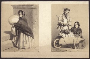 Mujer vendedora ambulante vendiendo verduras de una carretilla (litho)