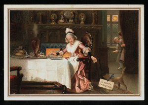 Mujer tomando té con su gato, tarjeta de felicitación de Navidad