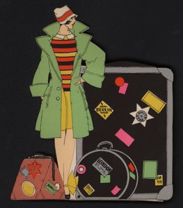 Mujer viajera y su equipaje (litografía en color) de English School