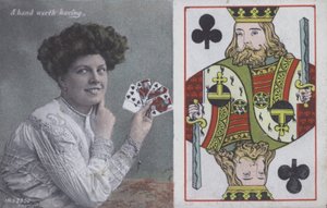 Mujer con naipes y el rey de bastos (litografía en color) de English School