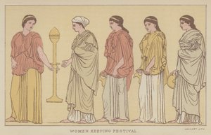 Mujeres manteniendo el Festival (litografia en color) de English School