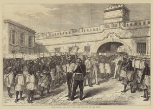 Mujeres saliendo del Castillo del Cabo con provisiones para las tropas (grabado) de English School