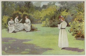 Mujeres relajándose en un rincón tranquilo de Bournville, Birmingham (chromolitho)