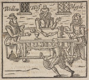 Xilografía que muestra a mujeres sentadas alrededor de una mesa, Una viuda, esposa y doncella de English School
