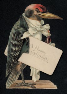 Pájaro carpintero vestido de camarero o mayordomo, tarjeta de felicitación navideña (chromolitho)