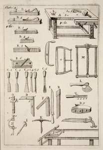 Herramientas de carpintería, pub. 1683 grabado de English School