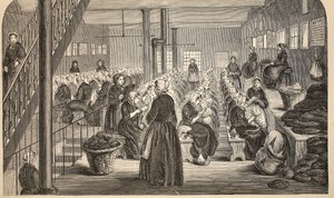 Sala de trabajo, en el sistema silencioso, en la Casa de Corrección, Tothill Fields, ilustración de Las prisiones criminales de Londres y escenas de la vida en prisión de Henry Mayhew y John Binny, pub. 1862 de English School
