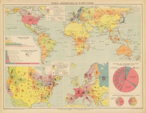 Mundo, Distribución de la energía hidráulica (litografía en color)