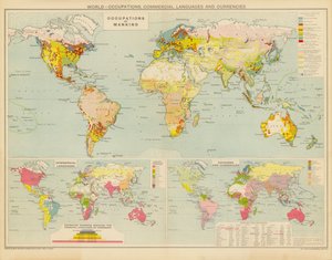 Mundo, Ocupaciones, Lenguas Comerciales y Monedas (litografía en color) de English School