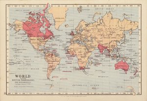 El mundo muestra las posesiones y dependencias británicas (litografía en color) de English School
