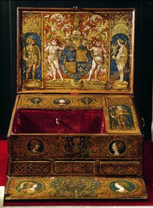 Caja de escritura o escritorio, probablemente pintado por Lucas Hornebolte (c.1492-1544) c.1525-27 (nogal y roble con cuero pintado y dorado) de English School