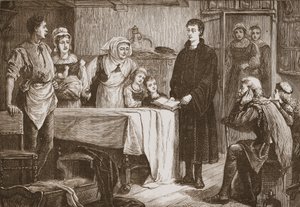 Joven Calvino exponiendo la Biblia a una familia en Bourges, ilustración de La Historia del Protestantismo de James Aitken Wylie, pub. 1878 de English School