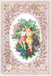 Niña y niño con flores y cintas