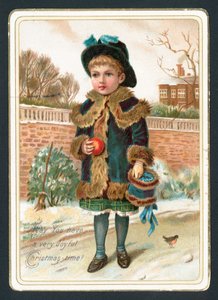 Niña con manguito de piel y manzana, tarjeta de Navidad de English School