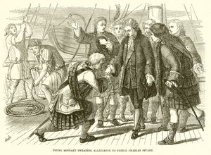 El joven Moidart jurando lealtad al príncipe Carlos Stuart de English School