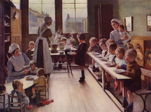 Niños pequeños a la hora de comer en una guardería (litografia en color) de English School