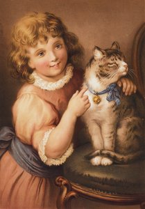 Chica joven con un gato (chromolitho) de English School