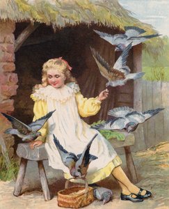 Chicas jóvenes alimentando palomas en una granja (chromolitho)