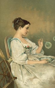 Mujer joven soplando burbujas (cromolito)