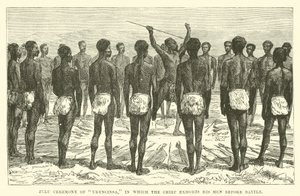 Ceremonia zulú de Ukuncinsa, en la que el jefe exhorta a sus hombres antes de la batalla