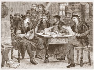 Zwingle entre sus amigos, ilustración de La Historia del Protestantismo de James Aitken Wylie, pub. 1878 de English School