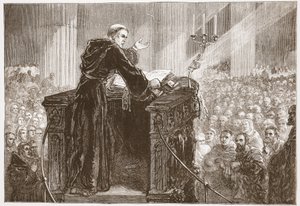 Zwingle predicando en la Catedral de Zúrich, ilustración de La Historia del Protestantismo de James Aitken Wylie, pub. 1878