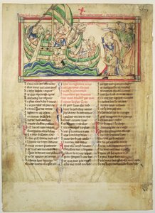 f.4v Tomás Becket desembarcando en Sandwich y bendiciendo el agua, de las Hojas de Becket, c.1220-40