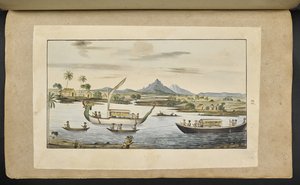 f.75 (lámina 86) Escena fluvial en Java con botes, incluido un bote con cabeza de dragón de English School