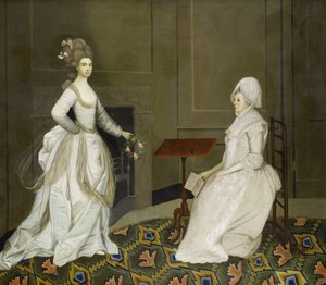 Dos damas en un interior, una leyendo, la otra sosteniendo una guirnalda de flores de English School, 18th Century