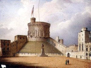 Placa de Worcester que representa la Torre Redonda, Castillo de Windsor, una de un par, c.1830-40 (porcelana) de Enoch Doe