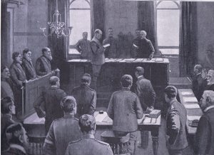Un juicio por traición en Bloemfontein, de Después de Pretoria: La Guerra de Guerrillas publicado por Harmsworth Bros Limited, 1901 de Enoch Ward
