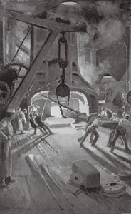 El martillo de vapor de 40 toneladas trabajando en el Arsenal de Woolwich (litografía) de Enoch Ward