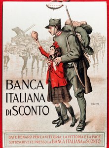 Primera Guerra Mundial: cartel italiano alentando un préstamo nacional representando a un soldado con una niña ofreciendo su lira - Ilustración de Enrico della Leonessa (1875-1921)