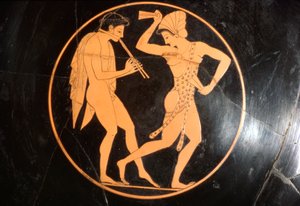 Copa para beber, Kylix de niña bailando con joven tocando la flauta, Ática, c. 510 a.C. de Epikektos