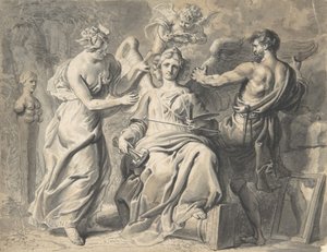 Una alegoría de las artes con Isis y la geometría atendiendo a la figura de tres cabezas..., siglo XVII