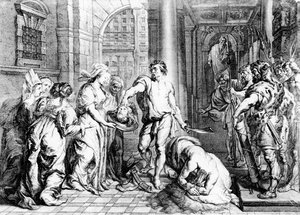 La ejecución de San Juan Bautista, grabado por Martin I van den Enden (fl. 1630-54) de Erasmus Quellinus II