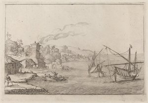 Paisaje costero con barcos anclados de Ercole Bazicaluva
