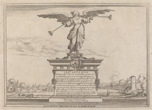 Página de dedicación con estatua de Fama de Ercole Bazicaluva