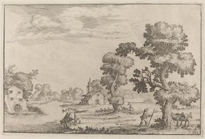 Pueblo junto al lago con pastores de Ercole Bazicaluva