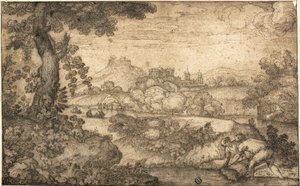 Paisaje con figuras atando trigo en primer plano de Ercole Bazicaluva