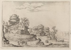 Paisaje rústico con campesinos y caballos de Ercole Bazicaluva