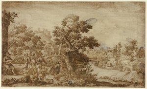 Paisaje con bailarines y músicos de Ercole Bazzicaluva