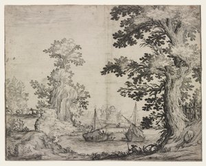 Paisaje con un río entre árboles y colinas, dos barcos en el centro